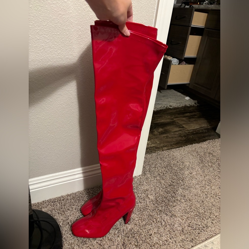 Boohoo Knee High Red Leather Boots